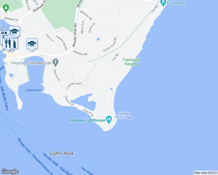 map of restaurants, bars, coffee shops, grocery stores, and more near Nobska Road in Falmouth