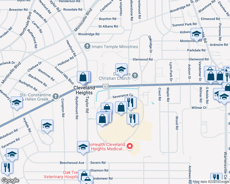 map of restaurants, bars, coffee shops, grocery stores, and more near 50 Severance Cir in Cleveland Heights