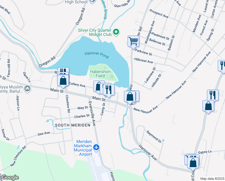 map of restaurants, bars, coffee shops, grocery stores, and more near 27 Cutlery Avenue in Meriden