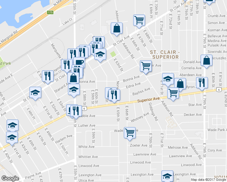 map of restaurants, bars, coffee shops, grocery stores, and more near 6302 Edna Ave in Cleveland