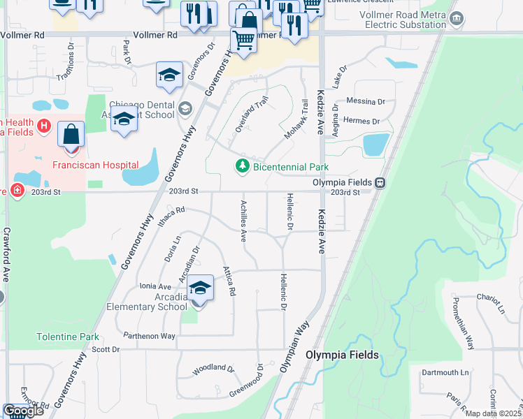 map of restaurants, bars, coffee shops, grocery stores, and more near 20318 Fairfield Avenue in Olympia Fields
