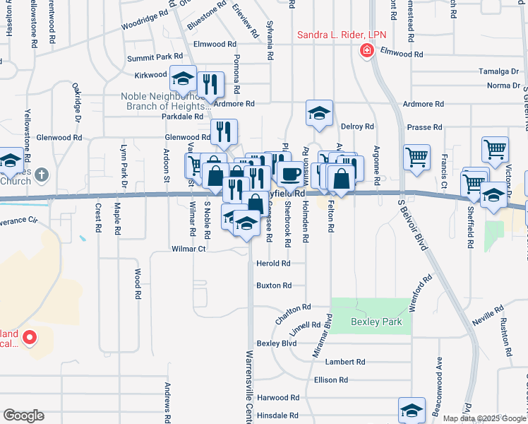 map of restaurants, bars, coffee shops, grocery stores, and more near 1470 Genesee Road in South Euclid