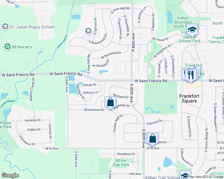 map of restaurants, bars, coffee shops, grocery stores, and more near 8121 Old Mill Road in Frankfort