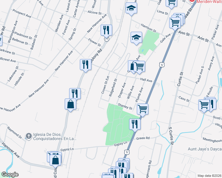 map of restaurants, bars, coffee shops, grocery stores, and more near 58 Crown Street Extension in Meriden