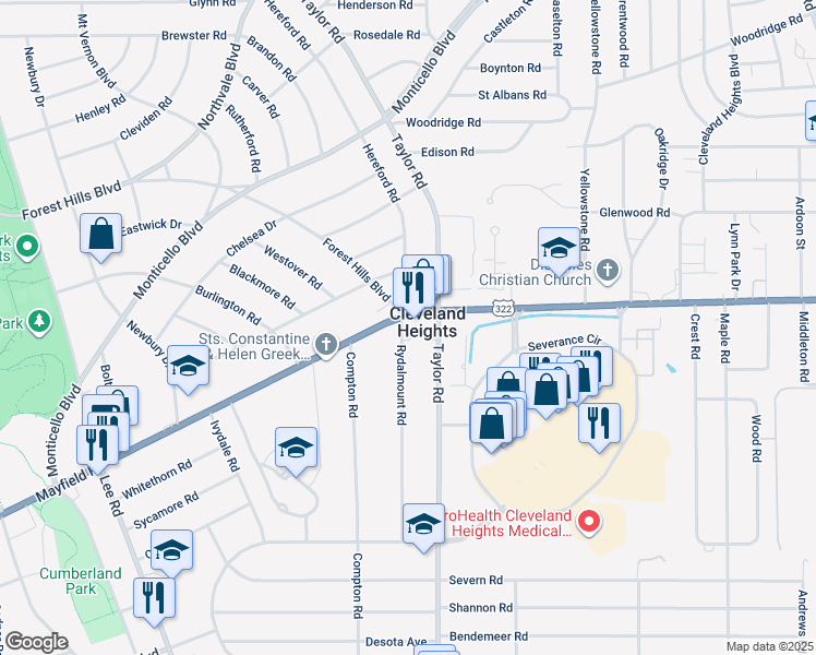 map of restaurants, bars, coffee shops, grocery stores, and more near 3426 Mayfield Road in Cleveland Heights