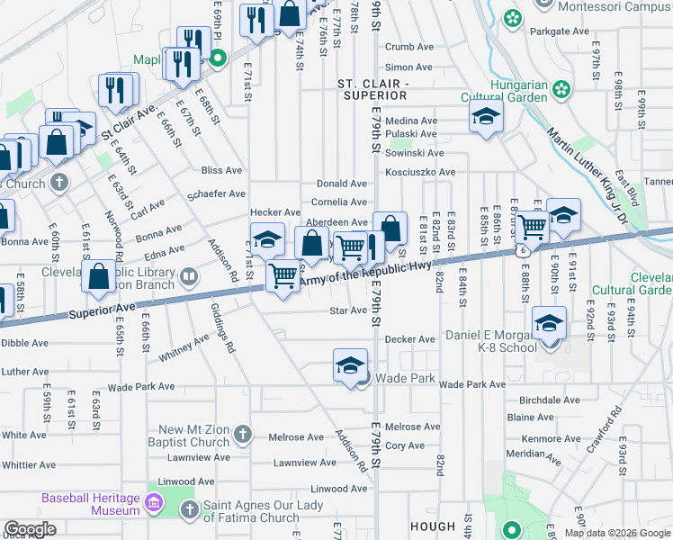 map of restaurants, bars, coffee shops, grocery stores, and more near 7519 Superior Avenue in Cleveland
