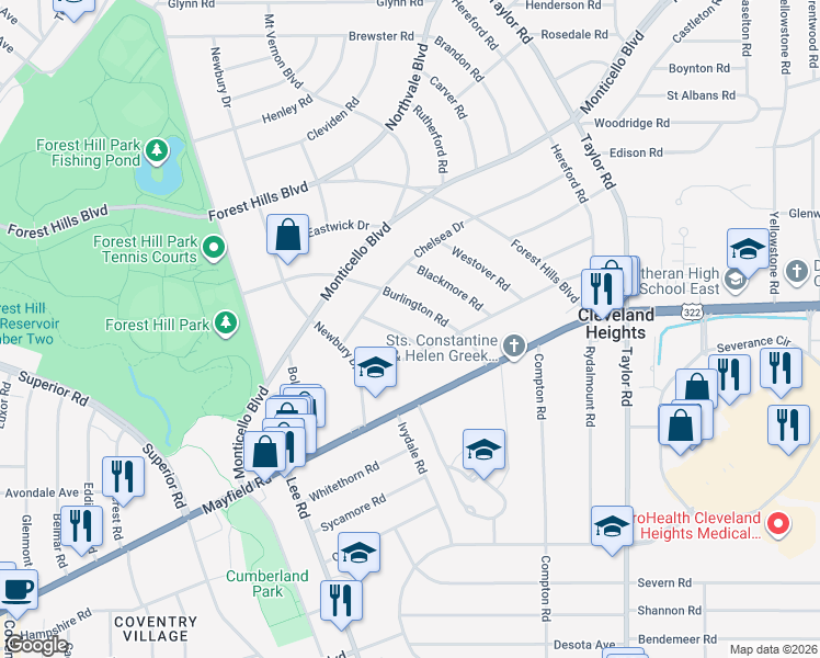 map of restaurants, bars, coffee shops, grocery stores, and more near 1555 Kew Road in Cleveland Heights