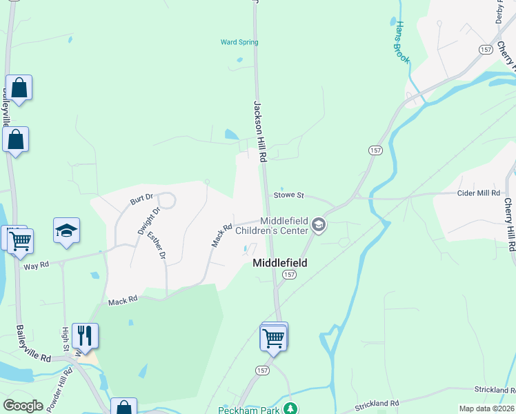 map of restaurants, bars, coffee shops, grocery stores, and more near 377 Jackson Hill Road in Middlefield