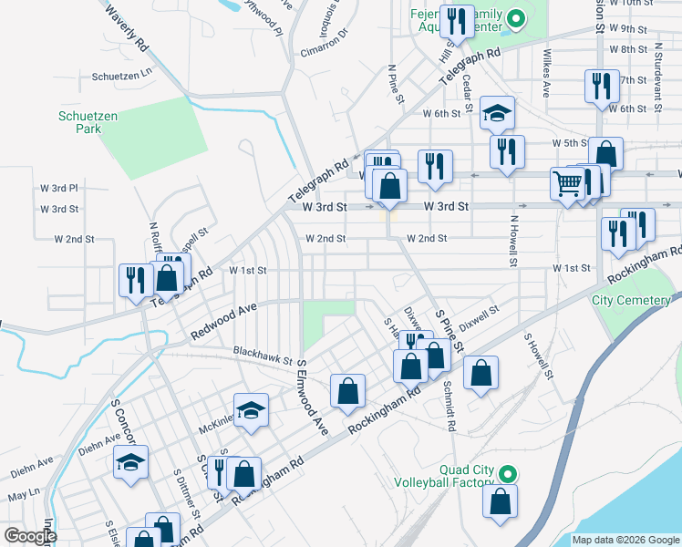 map of restaurants, bars, coffee shops, grocery stores, and more near 2315 West 1st Street in Davenport
