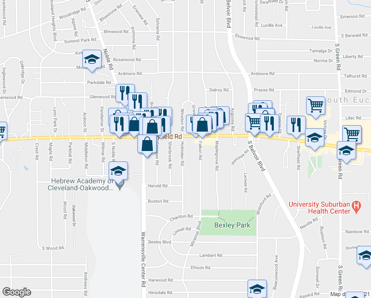 map of restaurants, bars, coffee shops, grocery stores, and more near 1467 Holmden Road in South Euclid