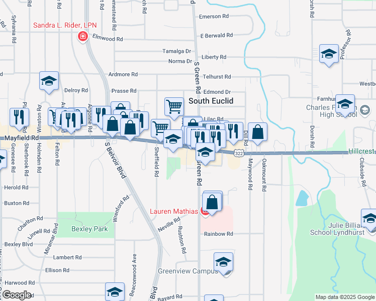 map of restaurants, bars, coffee shops, grocery stores, and more near 4432 Mayfield Road in South Euclid
