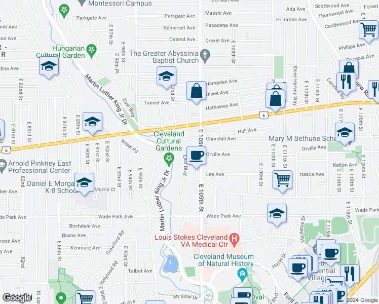 map of restaurants, bars, coffee shops, grocery stores, and more near 1357 East Boulevard in Cleveland