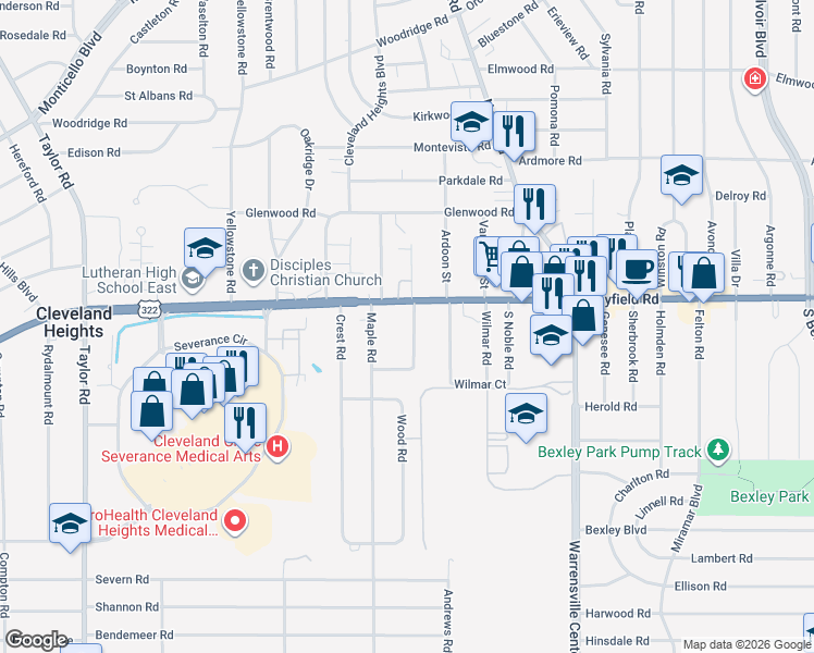 map of restaurants, bars, coffee shops, grocery stores, and more near 1468 Parkhill Road in Cleveland Heights