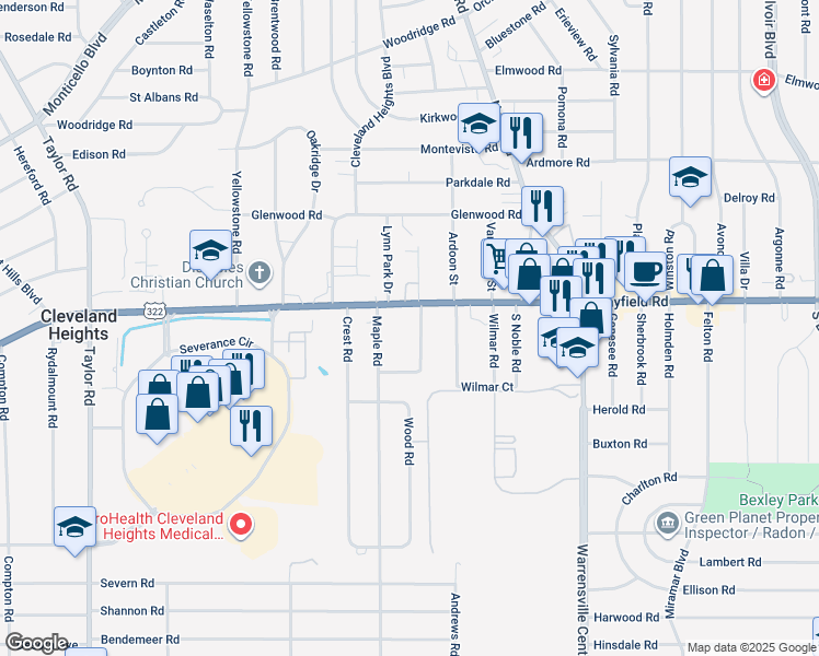 map of restaurants, bars, coffee shops, grocery stores, and more near 1468 Parkhill Road in Cleveland Heights