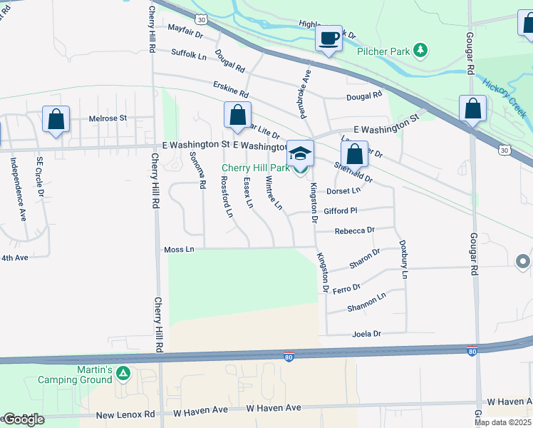 map of restaurants, bars, coffee shops, grocery stores, and more near 350 Essex Lane in New Lenox
