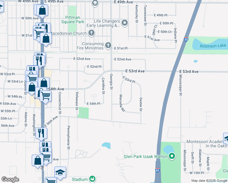map of restaurants, bars, coffee shops, grocery stores, and more near 5407 Georgia Street in Merrillville