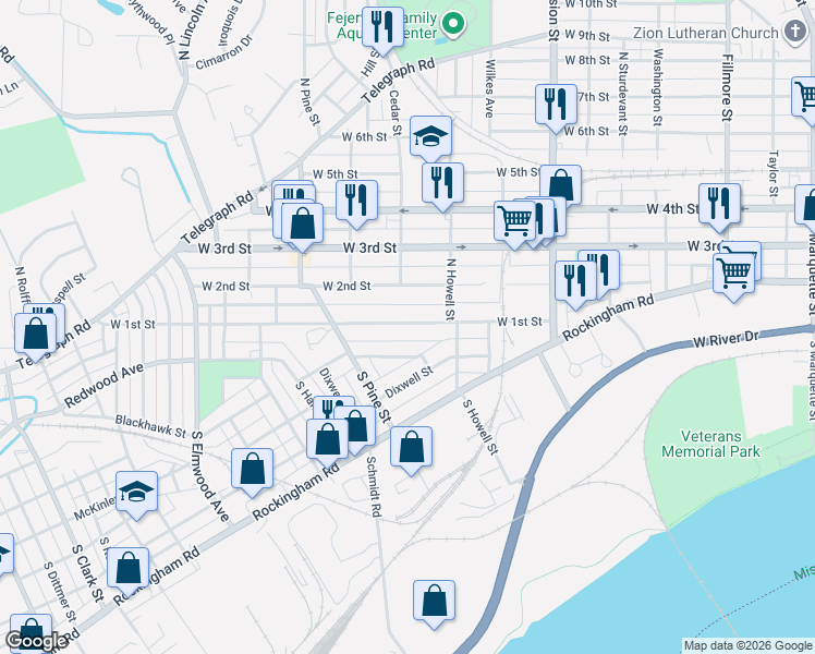map of restaurants, bars, coffee shops, grocery stores, and more near 1913 West 1st Street in Davenport