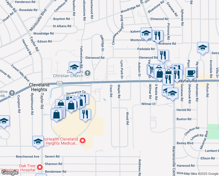 map of restaurants, bars, coffee shops, grocery stores, and more near 1468 Crest Road in Cleveland Heights