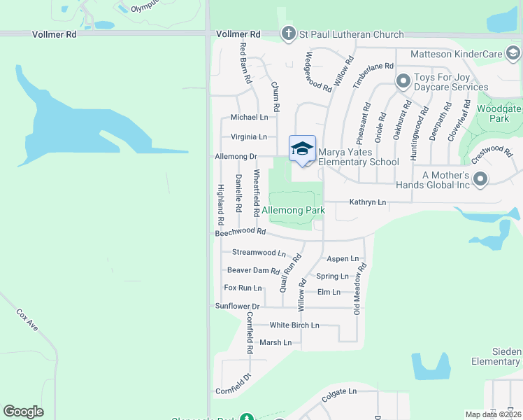 map of restaurants, bars, coffee shops, grocery stores, and more near 425 Wheatfield Road in Matteson