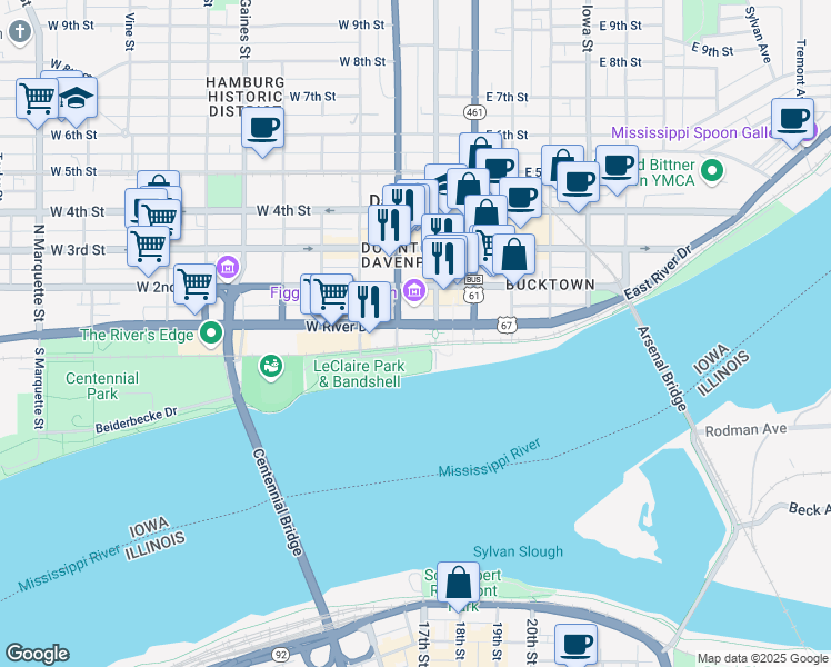 map of restaurants, bars, coffee shops, grocery stores, and more near 105 Main Street in Davenport