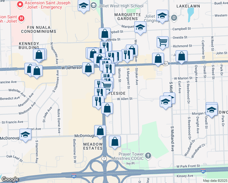 map of restaurants, bars, coffee shops, grocery stores, and more near 112 Emery Street in Joliet