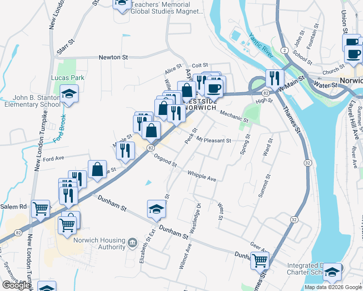 map of restaurants, bars, coffee shops, grocery stores, and more near 73 Peck Street in Norwich