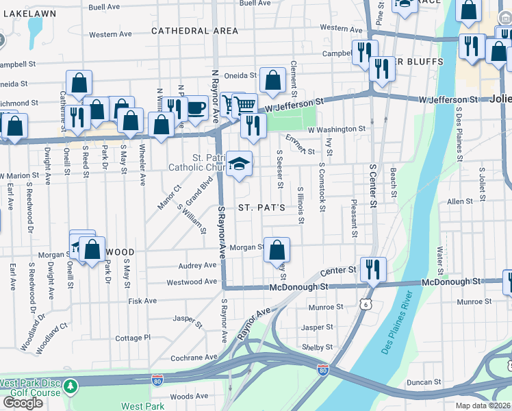 map of restaurants, bars, coffee shops, grocery stores, and more near 125 South Hunter Avenue in Joliet
