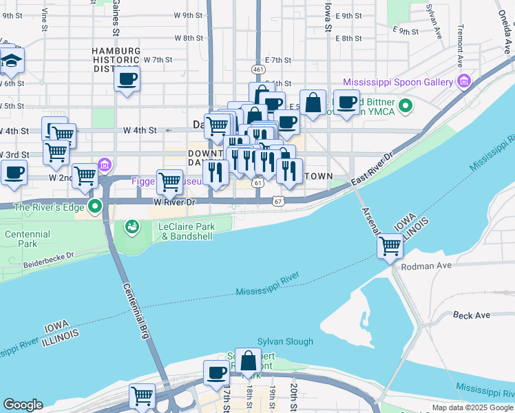 map of restaurants, bars, coffee shops, grocery stores, and more near 324 South Brady Street in Davenport