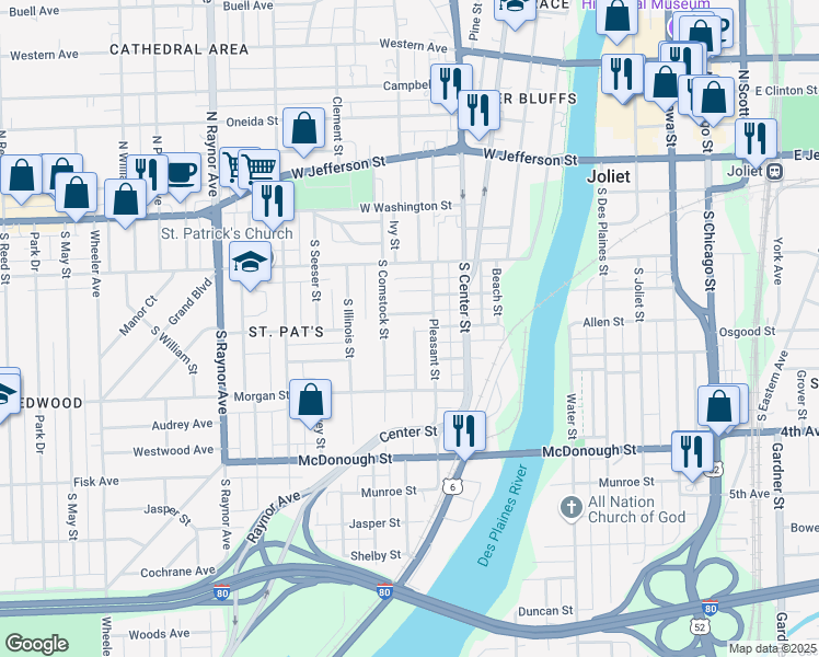 map of restaurants, bars, coffee shops, grocery stores, and more near 201 Hyde Park Avenue in Joliet