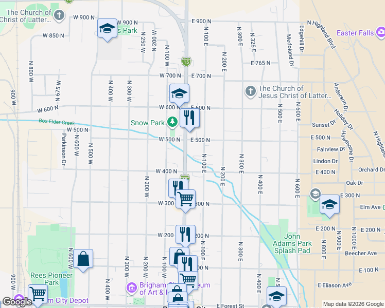 map of restaurants, bars, coffee shops, grocery stores, and more near 443 North Main Street in Brigham City