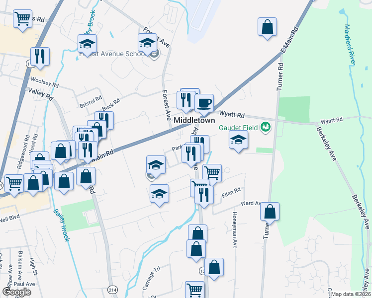 map of restaurants, bars, coffee shops, grocery stores, and more near 5 Park Drive in Middletown