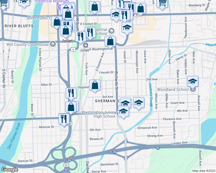 map of restaurants, bars, coffee shops, grocery stores, and more near 207 Mound Street in Joliet