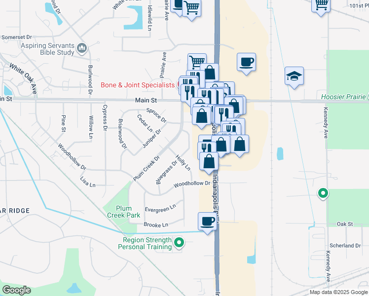 map of restaurants, bars, coffee shops, grocery stores, and more near 142 Bluegrass Drive in Schererville
