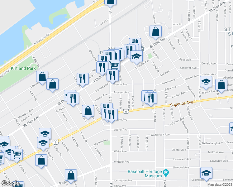 map of restaurants, bars, coffee shops, grocery stores, and more near 5648 Prosser Avenue in Cleveland