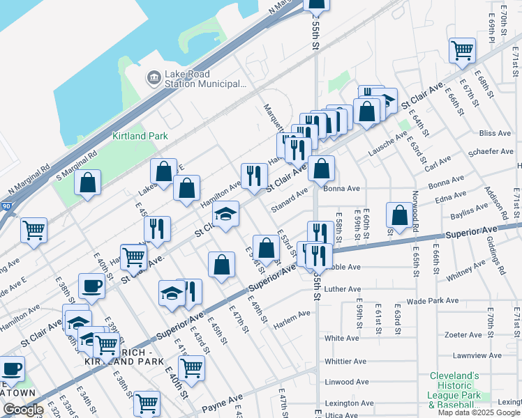 map of restaurants, bars, coffee shops, grocery stores, and more near 1368 East 53rd Street in Cleveland