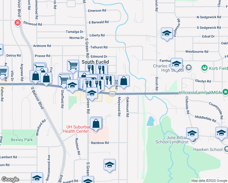map of restaurants, bars, coffee shops, grocery stores, and more near 4549 Mayfield Road in South Euclid