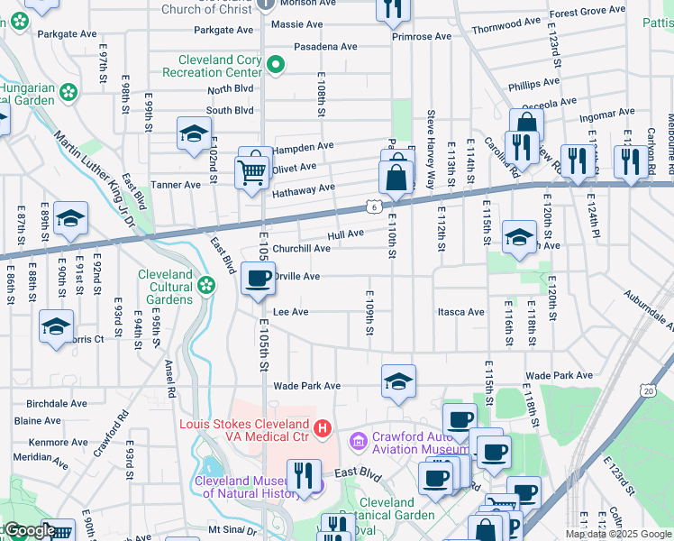 map of restaurants, bars, coffee shops, grocery stores, and more near 10731 Orville Avenue in Cleveland