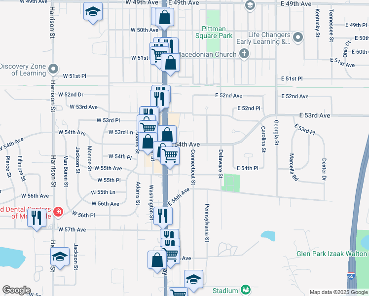 map of restaurants, bars, coffee shops, grocery stores, and more near 5401 Massachusetts Street in Merrillville