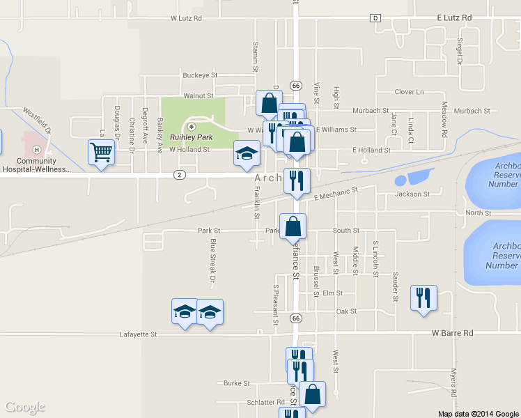 map of restaurants, bars, coffee shops, grocery stores, and more near 205 West Mechanic Street in Archbold