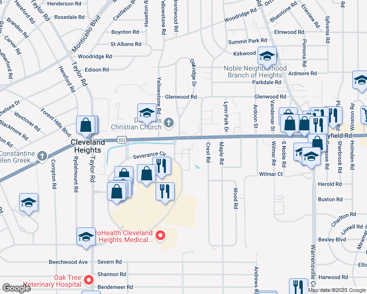 map of restaurants, bars, coffee shops, grocery stores, and more near 1475 Severance Circle in Cleveland Heights
