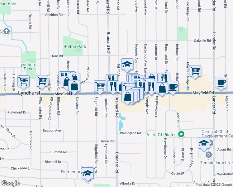 map of restaurants, bars, coffee shops, grocery stores, and more near Mayfield Rd & Brainard Rd in Lyndhurst