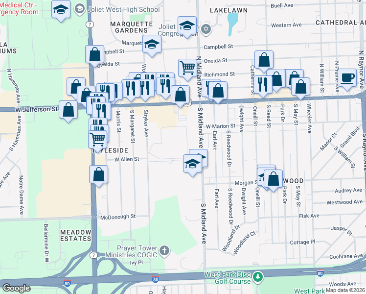 map of restaurants, bars, coffee shops, grocery stores, and more near 111 South Midland Avenue in Joliet