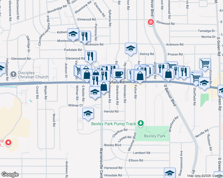 map of restaurants, bars, coffee shops, grocery stores, and more near 1470 Genesee Road in South Euclid