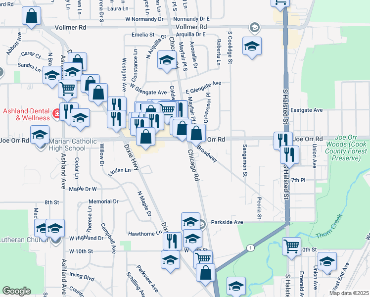 map of restaurants, bars, coffee shops, grocery stores, and more near 630 Chicago Road in Chicago Heights