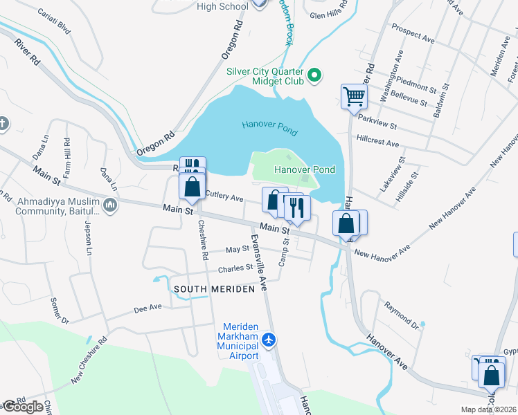map of restaurants, bars, coffee shops, grocery stores, and more near 106 Cutlery Avenue in Meriden