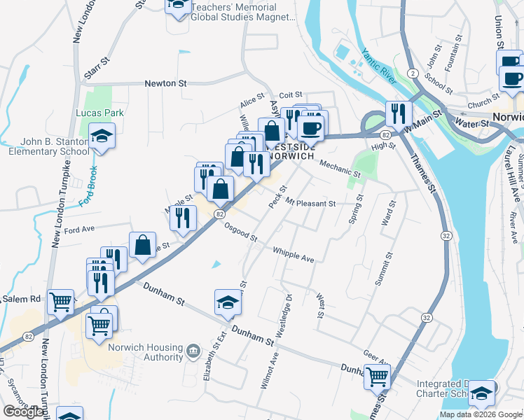 map of restaurants, bars, coffee shops, grocery stores, and more near 73 Peck Street in Norwich