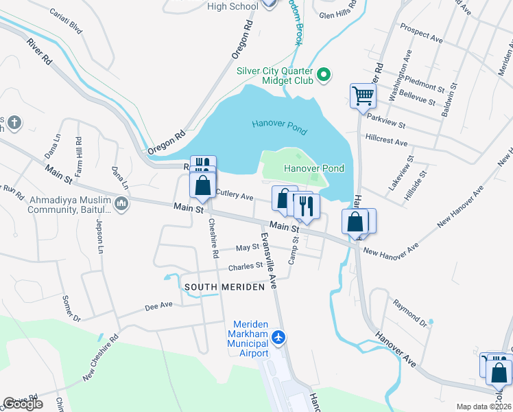 map of restaurants, bars, coffee shops, grocery stores, and more near 106 Cutlery Avenue in Meriden