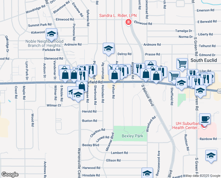 map of restaurants, bars, coffee shops, grocery stores, and more near 1467 Holmden Road in South Euclid
