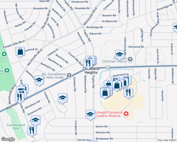 map of restaurants, bars, coffee shops, grocery stores, and more near 3426 Mayfield Road in Cleveland Heights