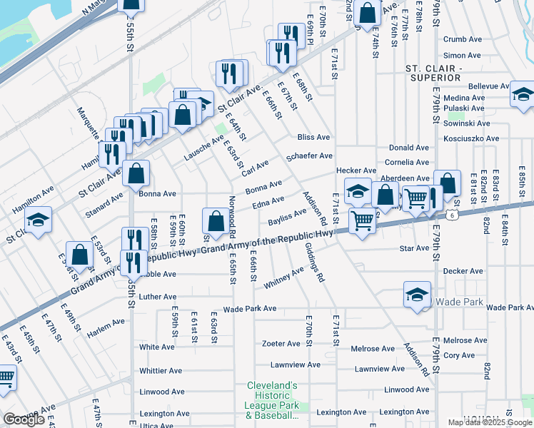 map of restaurants, bars, coffee shops, grocery stores, and more near 1249 East 67th Street in Cleveland